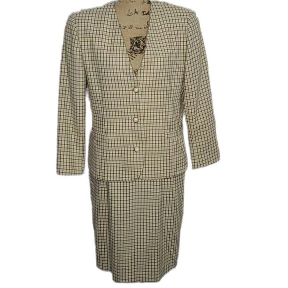 Vintage 70s Tan Plaid 2 pc. Blazer Skirt Set - Picture 1 of 15